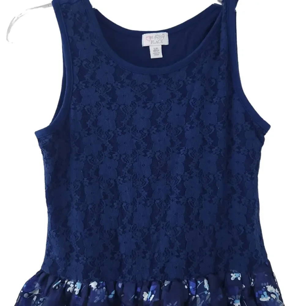 Children's Place Floral Dress Girls Size Large 10/12 Navy Blue White Flowers